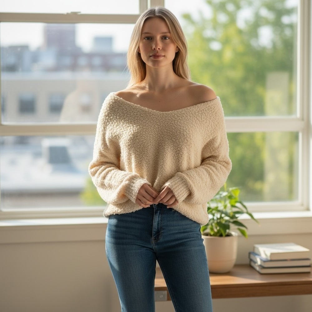 Free People Popcorn V-Neck Pullover Sweater Ivory Boucle Oversized L boho comfy